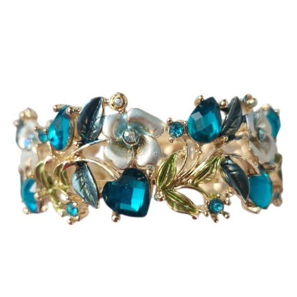 Turquoise Hearts and Flowers Hinged Cuff Bracelet - Picture 4 of 7